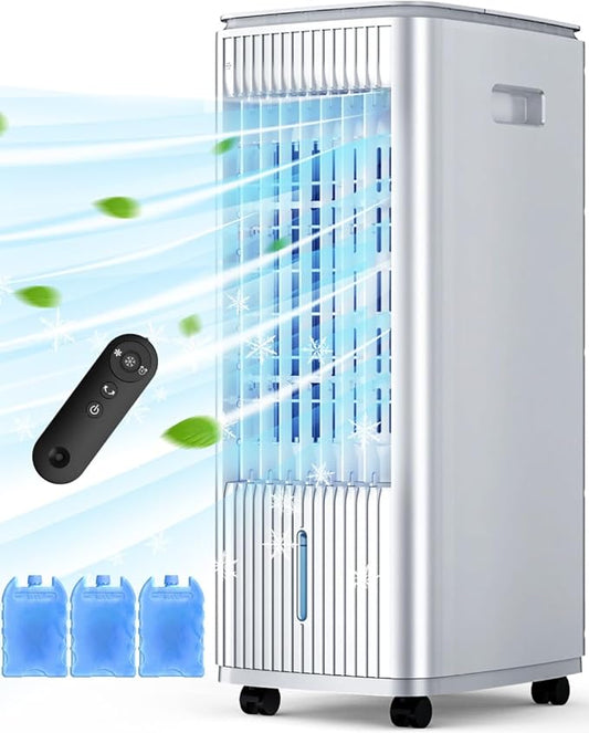 25-INCH Evaporative Air Cooler, Swamp Cooler Air Conditioner w/Double Tanks, Smart Timer, 3 Ice Packs, 60W Windowless Air Conditioner, 70° Oscillation,3-Speed Portable Air Conditioners for Room