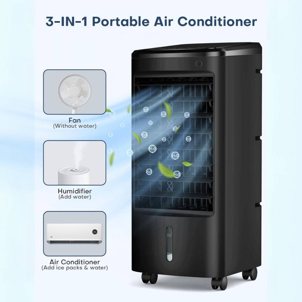 3-in-1 Portable Air Cooler | Wide Oscillation, Remote & Timer - Black