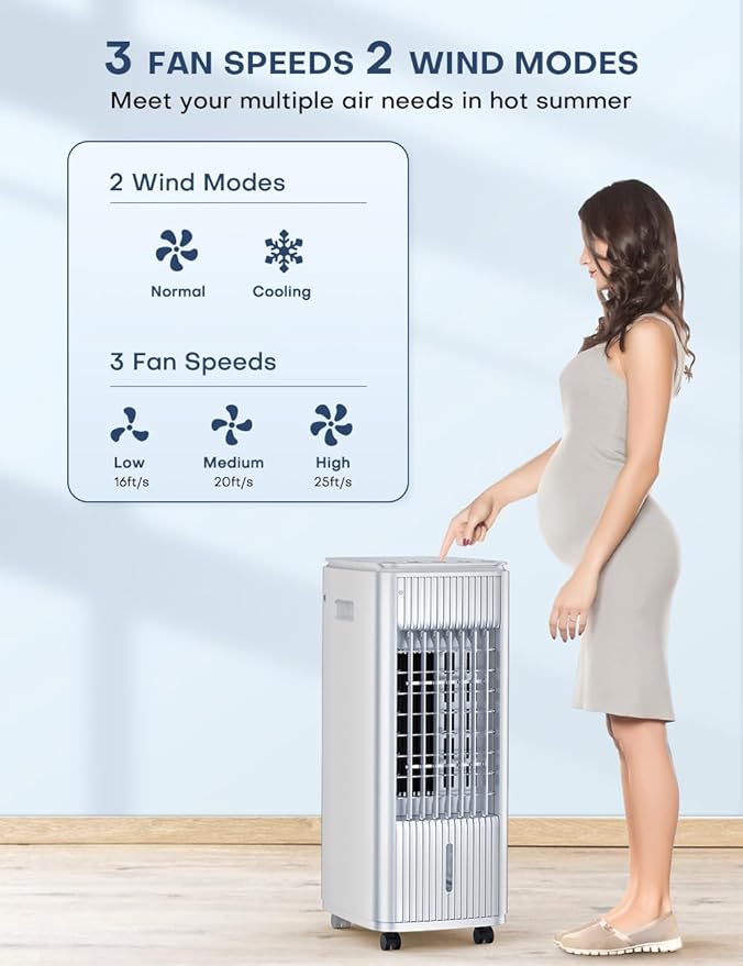 25-INCH Evaporative Air Cooler, Swamp Cooler Air Conditioner w/Double Tanks, Smart Timer, 3 Ice Packs, 60W Windowless Air Conditioner, 70° Oscillation,3-Speed Portable Air Conditioners for Room