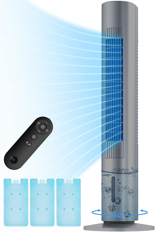 Evaporative Air Cooler, 35 Inch Swamp Cooler Air Conditioner, 3 Speeds & 2 Modes, Removable Water Tank, 3 Ice Packs, 20ft Remote Control, 7 Hour Timer, 70° Oscillating Windowless Air Conditioner