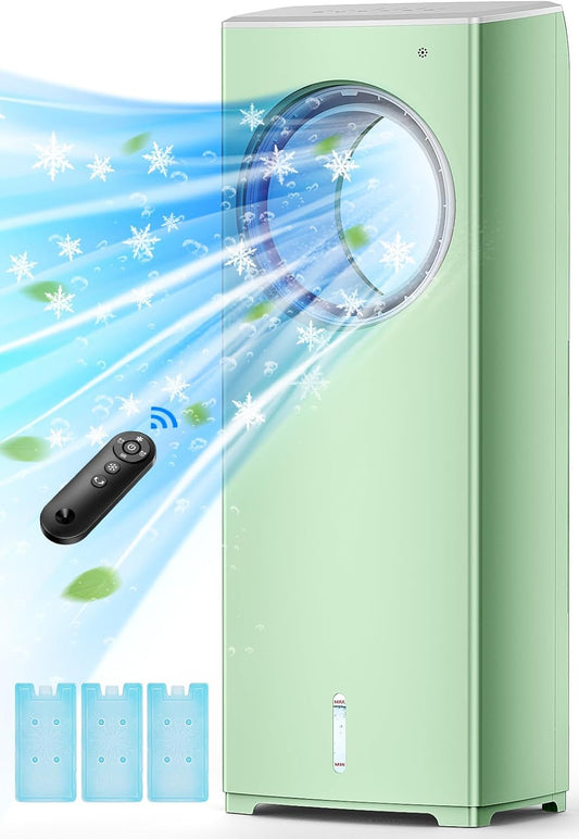 Windowless Air Conditioner, 32" Bladeless Evaporative Air Cooler with 4 Modes & 3 Speeds, 3L Tank for 24H Cooling, 25FT Remote, 8H Timer, Portable Swamp Cooler Air Conditioner No Window Needed