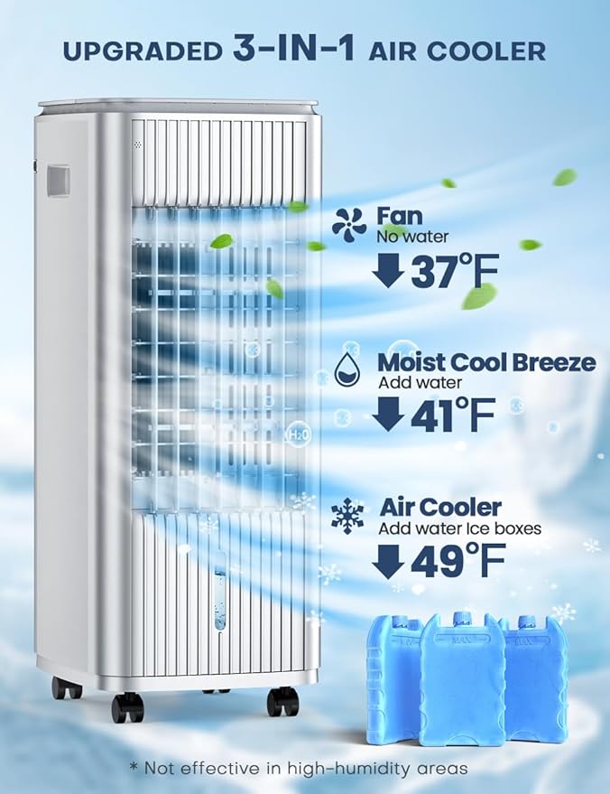 25-INCH Evaporative Air Cooler, Swamp Cooler Air Conditioner w/Double Tanks, Smart Timer, 3 Ice Packs, 60W Windowless Air Conditioner, 70° Oscillation,3-Speed Portable Air Conditioners for Room