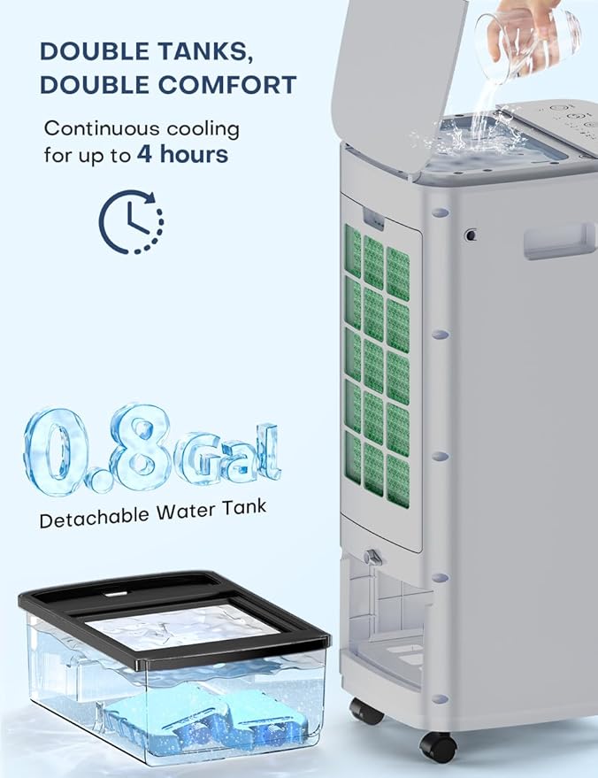 25-INCH Evaporative Air Cooler, Swamp Cooler Air Conditioner w/Double Tanks, Smart Timer, 3 Ice Packs, 60W Windowless Air Conditioner, 70° Oscillation,3-Speed Portable Air Conditioners for Room