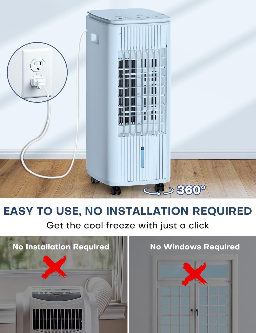 25" Windowless Air Conditioner with Double Tanks for 16H Cooling, 25ft Remote & Timer,3-IN-1 Evaporative Air Cooler for Room, 90° Oscillation, 30dB, 3-Speed Swamp Cooler Air Conditioner Portable