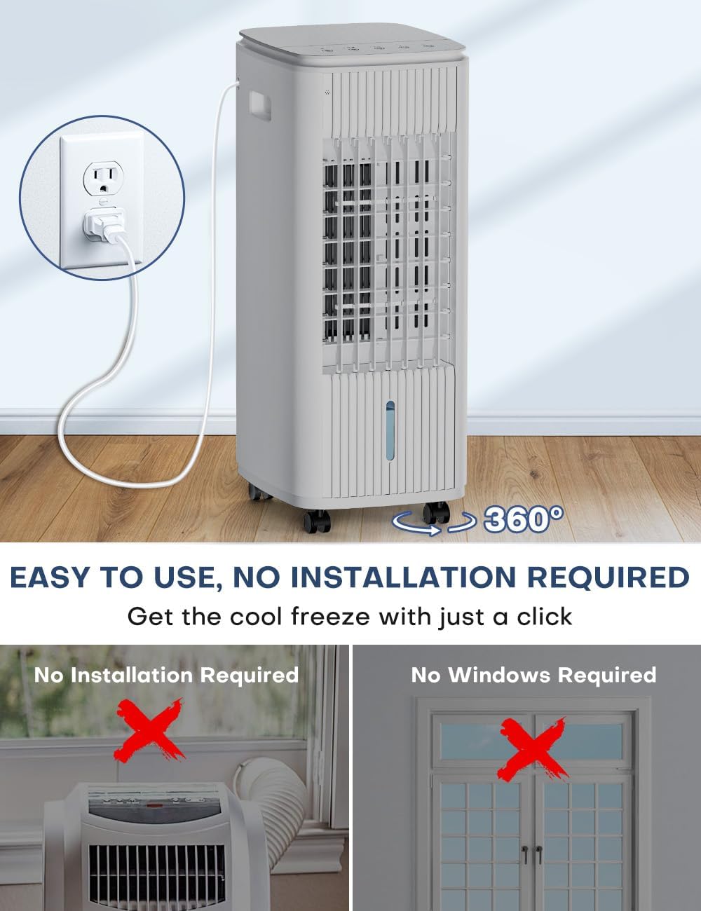 25-INCH Evaporative Air Cooler, Swamp Cooler Air Conditioner w/Double Tanks, Smart Timer, 3 Ice Packs, 60W Windowless Air Conditioner, 70° Oscillation,3-Speed Portable Air Conditioners for Room