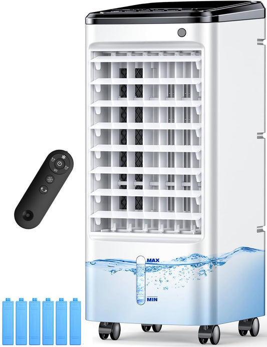 Evaporative Air Cooler, Swamp Cooler Air Conditioner w/ 12H Timer for Auto-off, 6 Upgraded Ice Packs, 3-Speed Windowless Air Conditioner, Smart Remote, Dual Tank Portable Air Cooler for Room