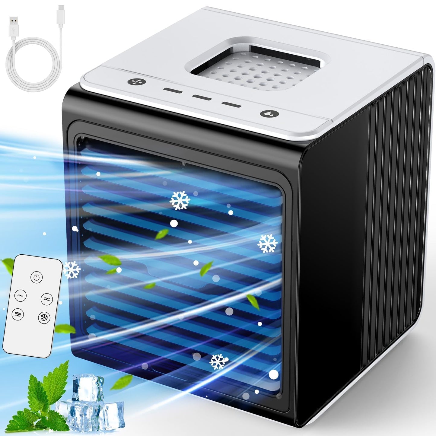 3-IN-1 Mini Air Conditioner with Remote, Top Splash-Proof Design, 3 Speeds Small Portable Air Conditioner, Large Capacity Tank, Desk Air Conditioner for Office Room