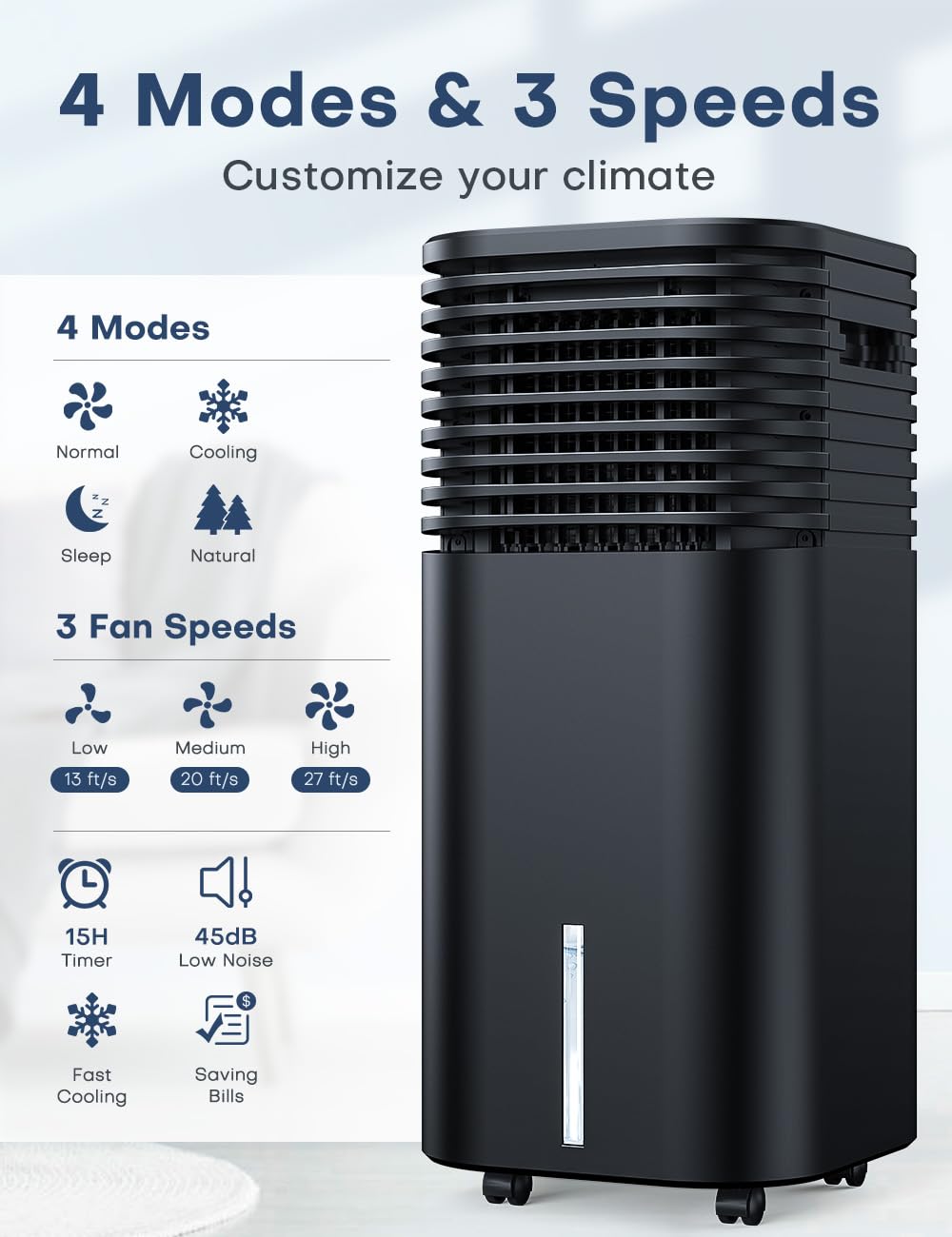4-IN-1 Portable Air Conditioners, Evaporative Air Cooler w/4 Modes & 3 Speeds, 15H Timer for Smart Auto-off, 2-Gal Tank for 20H Cooling,17FT Remote,No Hose Needed,120°Oscillating Swamp Cooler