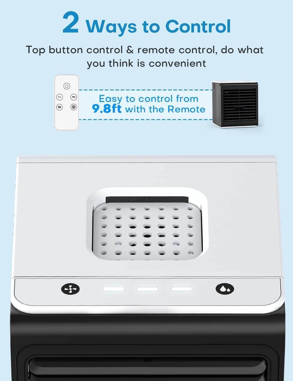 3-IN-1 Mini Air Conditioner with Remote, Top Splash-Proof Design, 3 Speeds Small Portable Air Conditioner, Large Capacity Tank, Desk Air Conditioner for Office Room