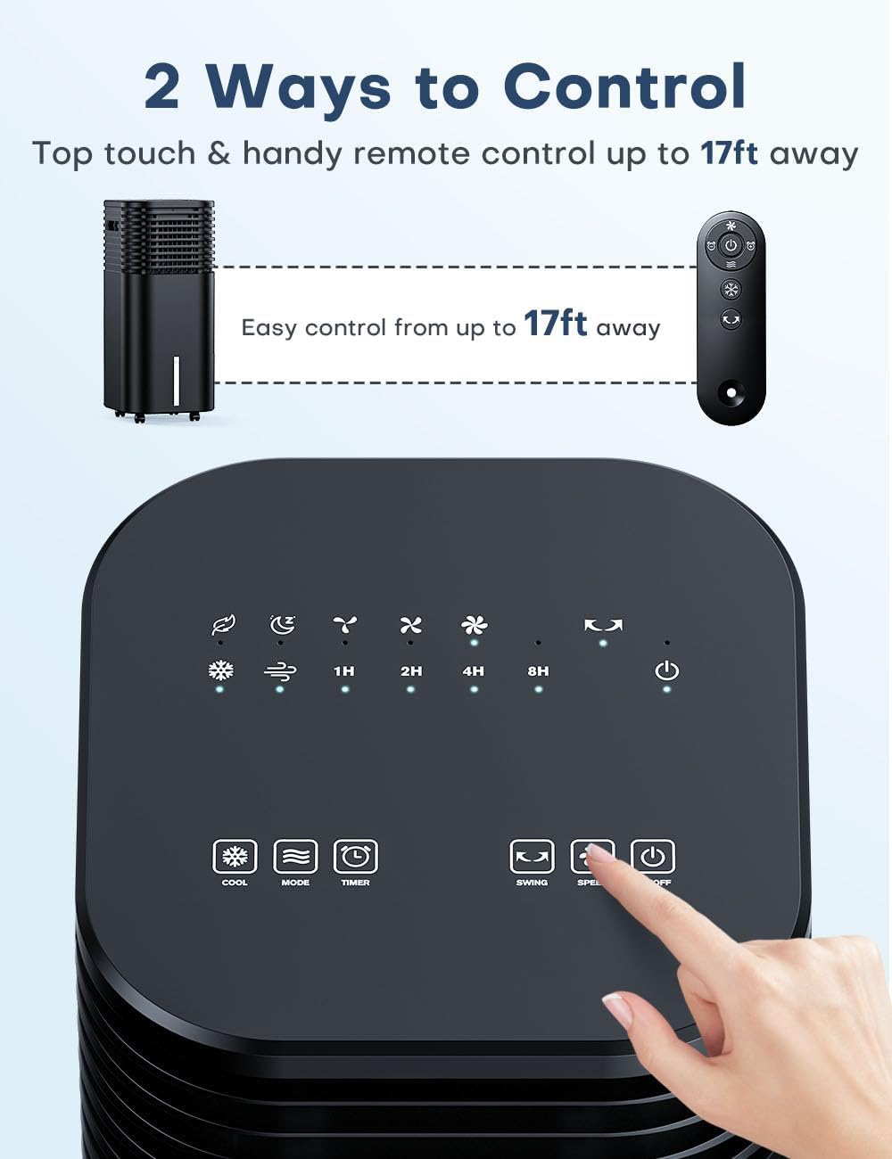 4-IN-1 Portable Air Conditioners, Evaporative Air Cooler w/4 Modes & 3 Speeds, 15H Timer for Smart Auto-off, 2-Gal Tank for 20H Cooling,17FT Remote,No Hose Needed,120°Oscillating Swamp Cooler