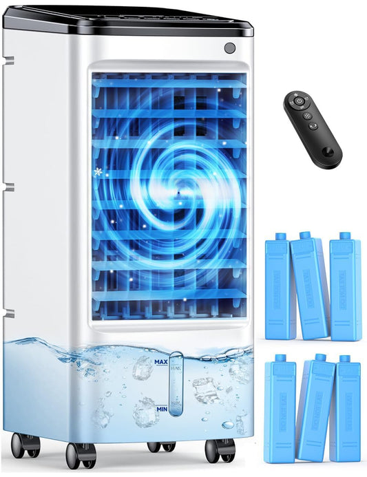 Evaporative Air Cooler, Swamp Cooler Air Conditioner w/ 12H Timer for Auto-off, 6 Upgraded Ice Packs, 3-Speed Windowless Air Conditioner, Smart Remote, Dual Tank Portable Air Cooler for Room
