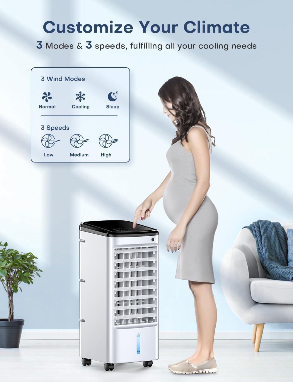Evaporative Air Cooler, Swamp Cooler Air Conditioner w/ 12H Timer for Auto-off, 6 Upgraded Ice Packs, 3-Speed Windowless Air Conditioner, Smart Remote, Dual Tank Portable Air Cooler for Room